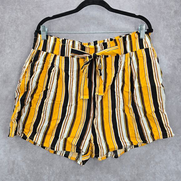 Ambiance Apparel Yellow Stripe Pullon Tie Funky Ruffle Pants Shorts Plus 2X - Picture 1 of 5